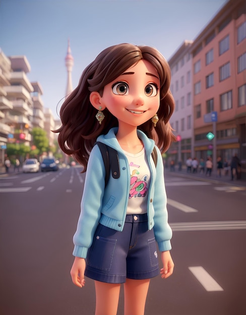 Lächelndes Mädchen Schulmädchen geht auf der Stadtstraße zur Schule 3D-Illustration KI-Generation