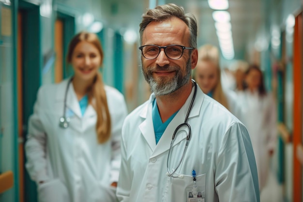 Lächelndes medizinisches Team im Krankenhausflur Gruppenporträt fröhlicher Ärzte