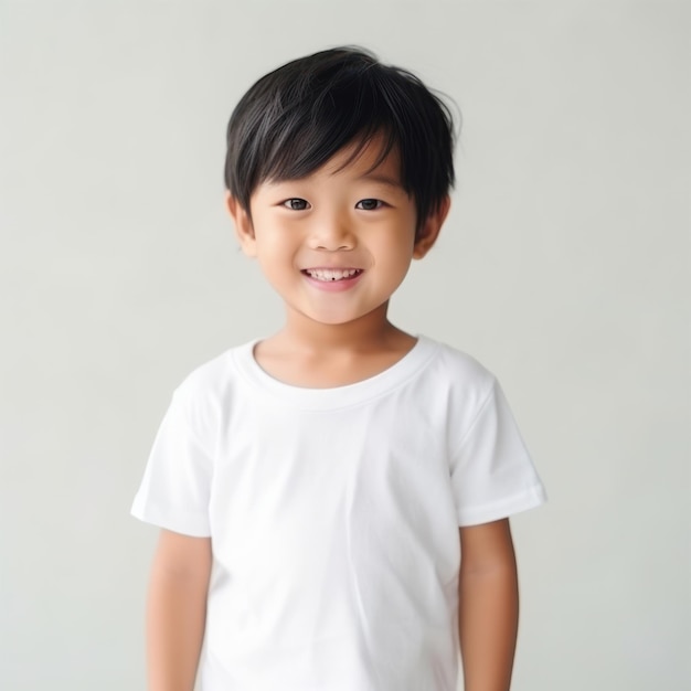 Lächelndes Model eines kleinen hübschen Jungen, das im hellen Studio vor der Kamera posiert