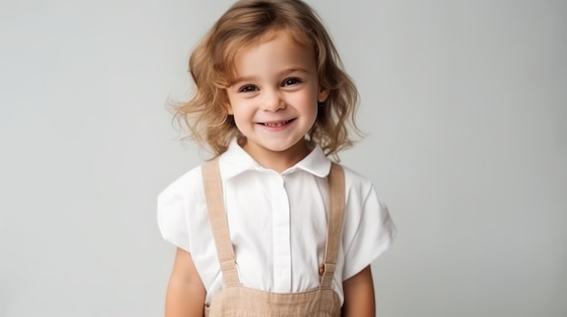 Lächelndes Model eines kleinen hübschen Mädchens, das im hellen Studio vor der Kamera posiert
