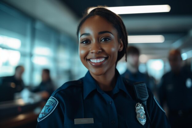 Lächelndes Porträt einer jungen afroamerikanischen Polizistin in einer Polizeistation in den USA