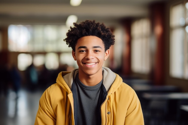 Lächelndes Porträt eines jungen männlichen afroamerikanischen Studenten in einer Highschool, der in die Kamera schaut