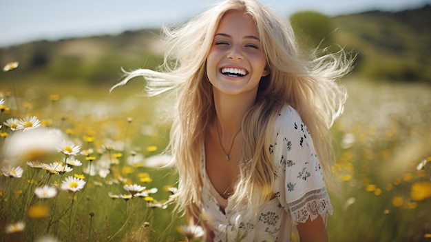 Foto lächelndes schönes mädchen auf dem feld mit blumen sonniger sommertag forbs und wilde blumen