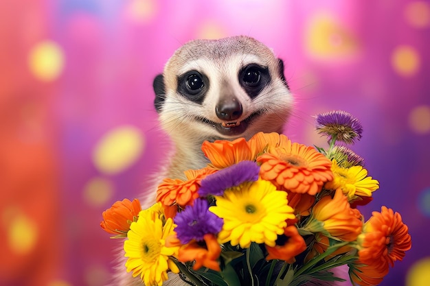 Lächelndes süßes Erdmännchen mit Blumenstrauß vor buntem Blumenhintergrund