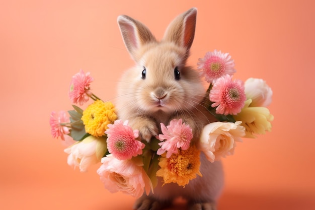 Lächelndes süßes Kaninchen mit buntem Blumenstrauß