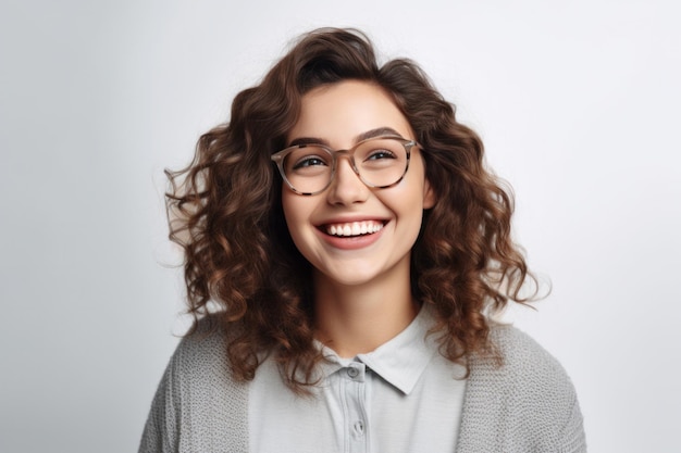 Lächelndes, träumendes junges Mädchen mit lockigem Haar, das eine moderne Brille trägt und zur generativen KI blickt