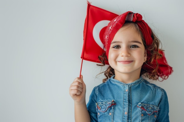 lächelndes türkisches Kind mit nationaler Flagge in der Hand auf weißem Hintergrund