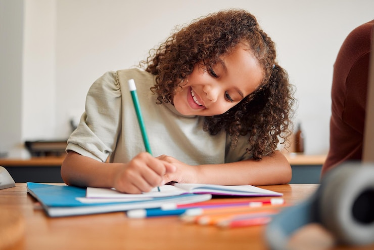 Foto lächelndes und kreatives zeichnen junger mädchen mit einem bunten bleistift lernen, das sich glücklich und zufrieden fühlt positive studentin mit einem lächeln, die spaß daran hat, künstlerische kunst in ihrem kinderheft zu hause zu schaffen