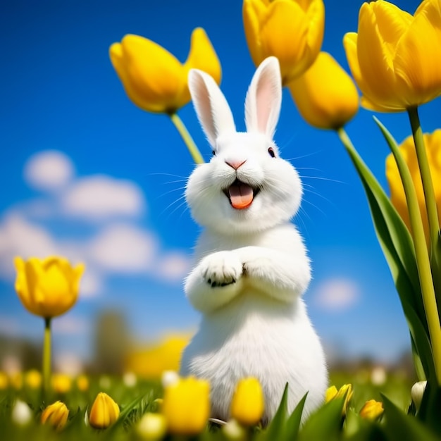 Lächelndes weißes Kaninchen und gelbe Tulpe Generative KI