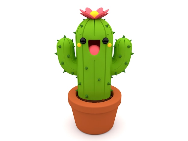 Foto lächelndes zeichen des kaktus 3d mit einer rosa blume innerhalb eines blumentopfs auf einem lokalisierten weißen bac