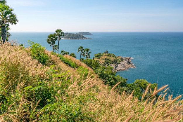 Laem promthep cape com coqueiros e grama em primeiro plano belas paisagens mar de andaman na temporada de verão Phuket Tailândia Fundo bonito do curso.