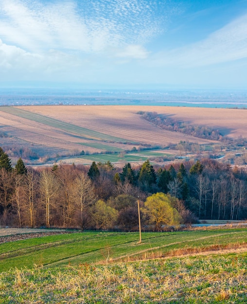 Ländliche Landschaft am Frühlingsmorgen mit gepflügten landwirtschaftlichen Feldern auf Hügeln, Bäumen und Hainen in Tälern Acker- und Wachstumsland