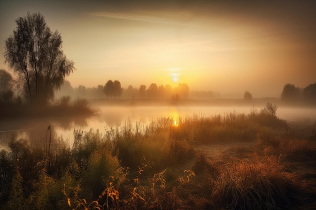 Ländliche Landschaft mit nebligem Morgensonnenaufgang und einem friedlichen See, der mit generativer KI geschaffen wurde