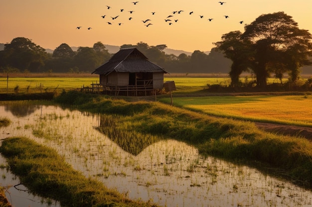 ländliche Landschaft mit Reisfeldern und Hütten