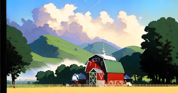 Ländliche landwirtschaftliche Ackerlandlandschaft mit wunderschönem Sonnenuntergang Countryside Farm Field mit Scheune Generative ai für Instagram-Post-Facebook-Website-Banner-Flyer