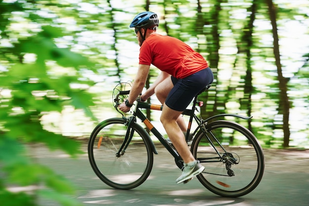 Ländliche Szene. Radfahrer auf einem Fahrrad ist auf der Asphaltstraße im Wald am sonnigen Tag