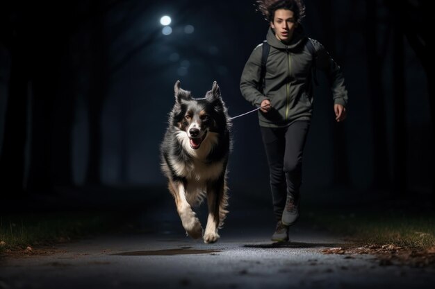 Läufer, die Scheinwerfer und reflektierende Ausrüstung tragen, laufen nachts mit Hunden an der Leine