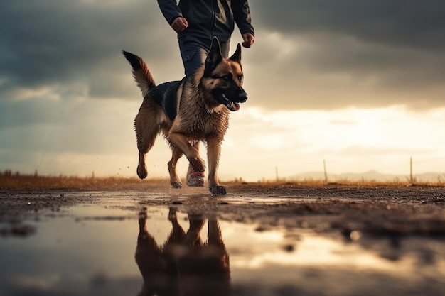 Läufer, die Scheinwerfer und reflektierende Ausrüstung tragen, laufen nachts mit Hunden an der Leine