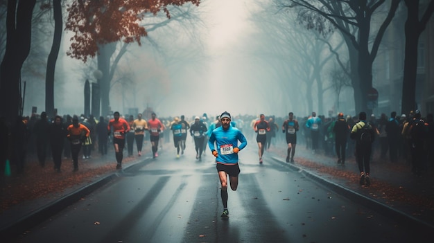 Läufer im Regen, laufend, mit Bäumen im Hintergrund