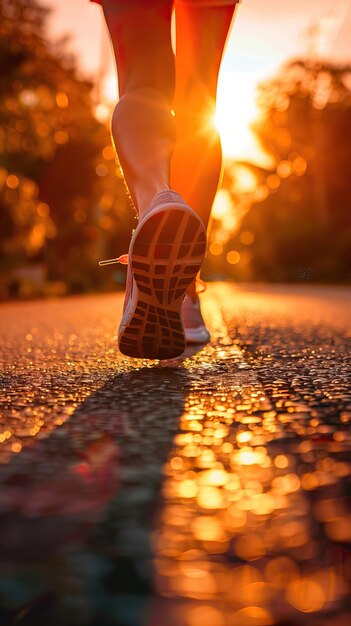 Läuferfüße laufen auf der Straße Nahaufnahme auf Schuh Frau Fitness Sonnenaufgang Jogging Workout Wellness Konzept KI-generierte Illustration