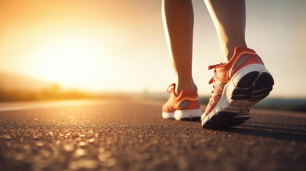 Läuferfüße laufen auf der Straße Nahaufnahme auf Schuh Frau Fitness Sonnenaufgang Jogging Workout Wellness Konzept