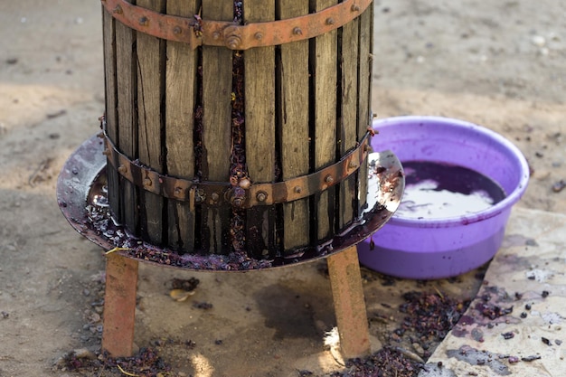 Lagar con mosto tinto y tornillo helicoidal Elaboración de vinos tradicionales italianos trituración de uvas