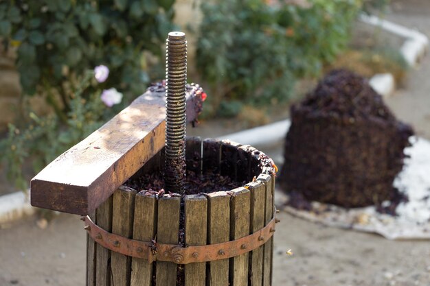 Lagar con mosto tinto y tornillo helicoidal Elaboración de vinos tradicionales italianos trituración de uvas