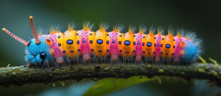 Foto lagarta colorida com listras cor-de-rosa, amarelo-laranja e azul e pontos pretos em um galho