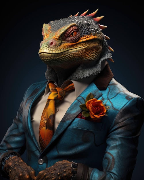 Lagarto 3D en traje de negocios con un cuerpo humano que parece serio con un fondo de estudio dramático