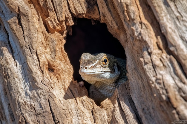 Un lagarto en un árbol con la cabeza fuera de un agujero