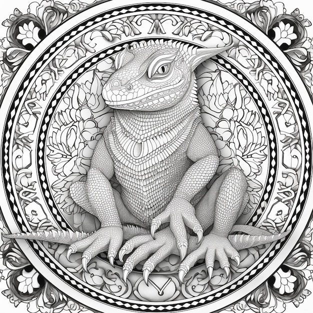 Lagarto del arte del tatuaje en el fondo de la mandala Ilustración dibujada a mano