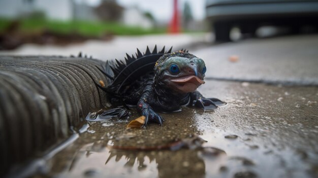 Un lagarto azul con la cabeza roja se sienta en un charco al lado de un auto.