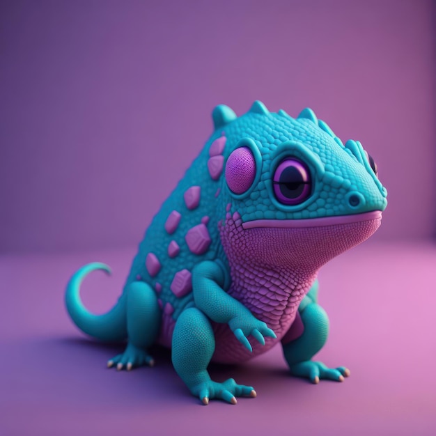 Un lagarto azul y morado con ojos morados está parado sobre un fondo morado.