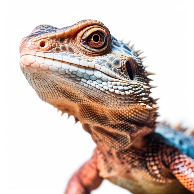 Un lagarto azul con un patrón rojo y negro en la cara.