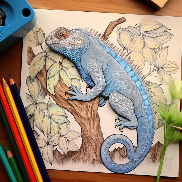 un lagarto azul yace sobre un trozo de papel con una imagen de un lagarto