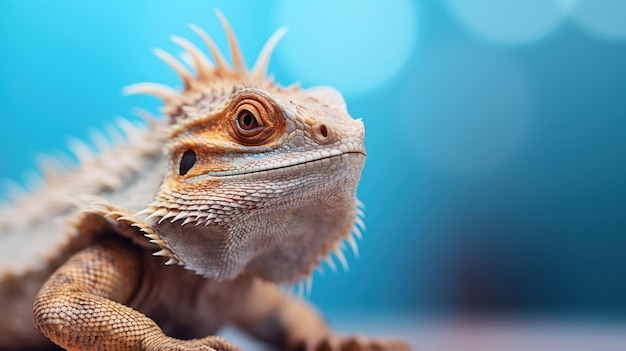 Un lagarto barbudo con la cabeza levantada y mirando hacia el lado.