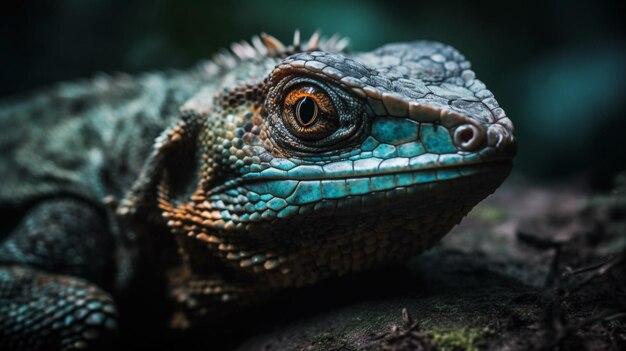 Un lagarto con la cabeza azul se sienta en una rama.