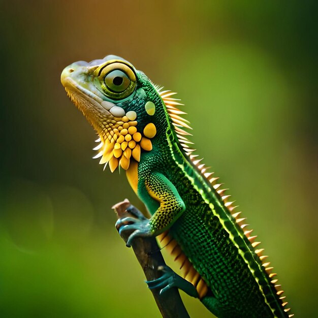 Un lagarto con una cabeza verde y marcas amarillas en su cuerpo.