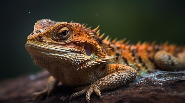 Un lagarto con cola roja y negra se sienta en una rama.