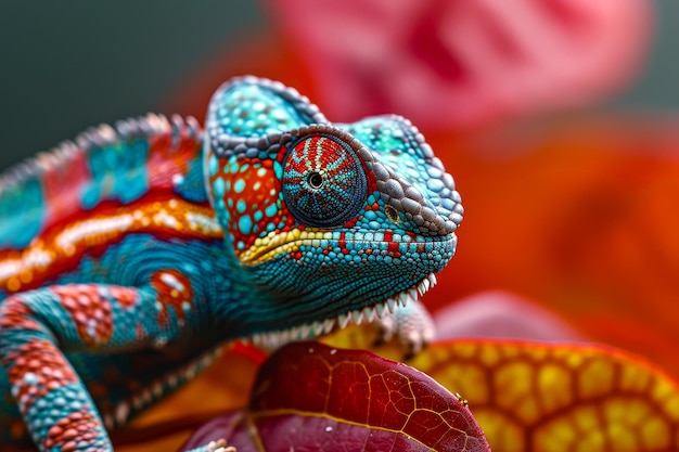 Un lagarto de colores con marcas azules, verdes y rojas en la cabeza está sentado en una hoja