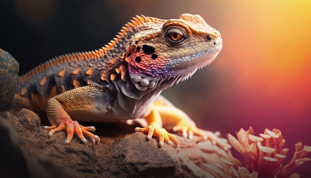 Un lagarto colorido con una cabeza azul y amarilla y marcas rojas se sienta sobre una roca.