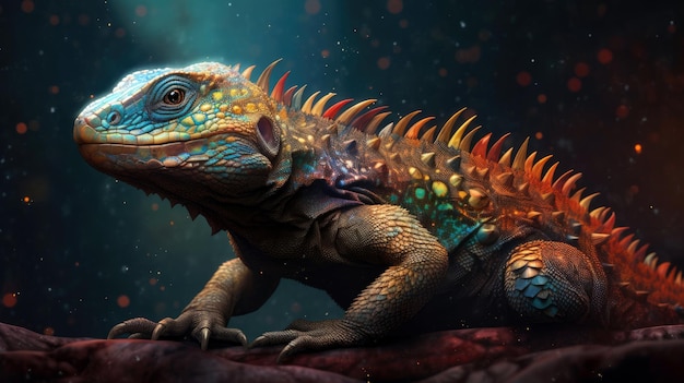 Un lagarto colorido con una cabeza de color arcoíris se sienta sobre una roca.