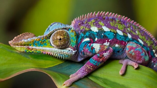 un lagarto colorido con la cara y los ojos cerrados