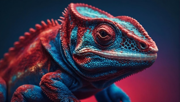 un lagarto colorido con una cara roja y azul y un fondo rojo