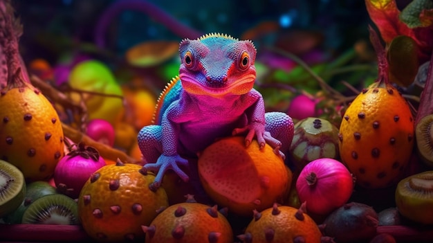 Un lagarto colorido se encuentra entre frutas y verduras.