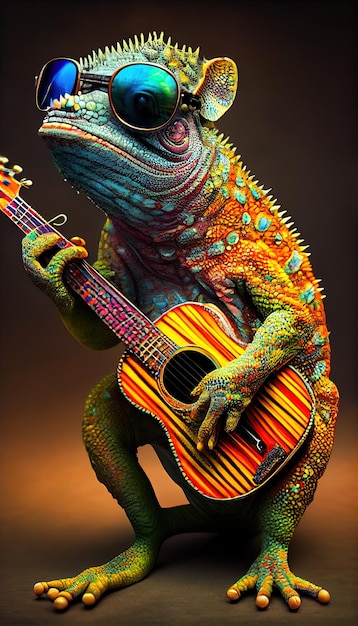 un lagarto colorido con una guitarra en la mano.