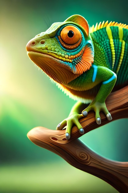 Un lagarto colorido en una rama con un fondo verde.