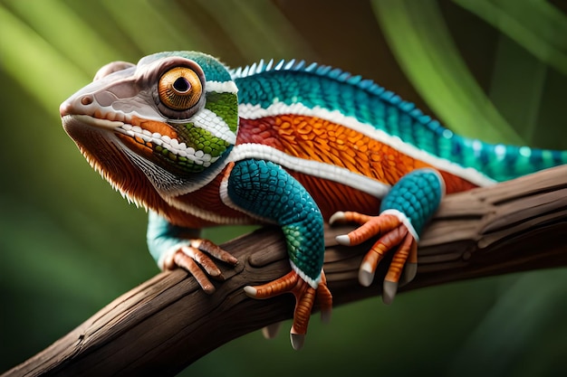 Un lagarto colorido se sienta en una rama con un fondo verde.