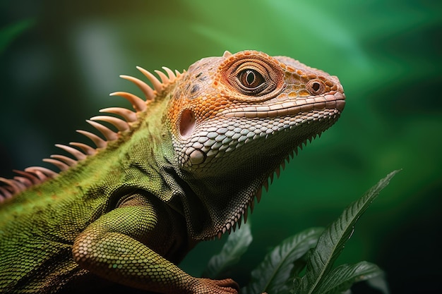Lagarto contra fundo verde Retrato de iguana na natureza Animal exótico em ambiente tropical