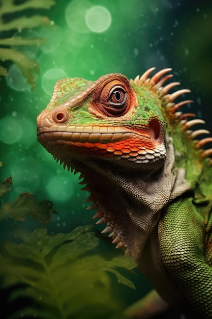 Lagarto contra fundo verde Retrato de iguana na natureza Animal exótico em ambiente tropical